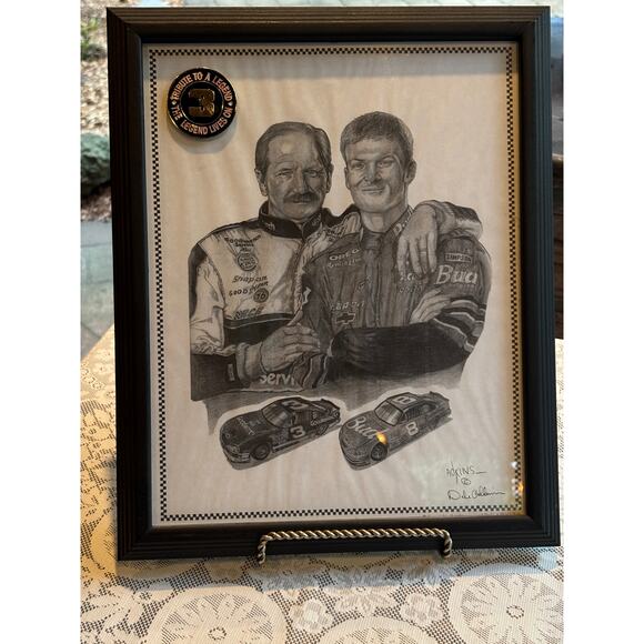 Framed Dale Earnhardt & Jr. Nascar Racing Sketch Print Signed Dale Adkins - Picture 1 of 6
